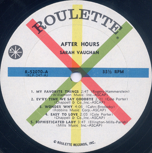 Sarah Vaughan : After Hours (LP, Album, Mono)