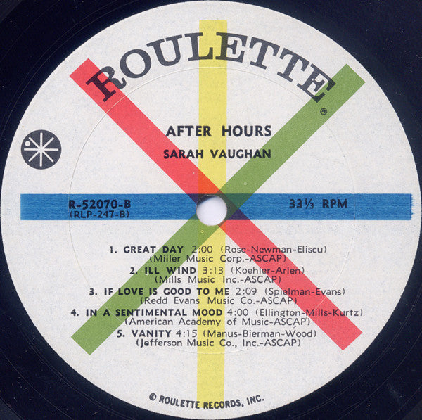 Sarah Vaughan : After Hours (LP, Album, Mono)
