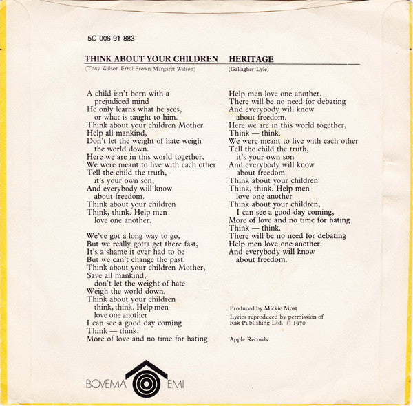 Mary Hopkin : Think About Your Children (7", Single)
