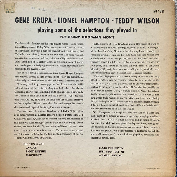 Gene Krupa ･ Lionel Hampton ･ Teddy Wilson : Playing Some Of The Selections They Played In The Benny Goodman Movie (LP, Album, Mono, Hol)