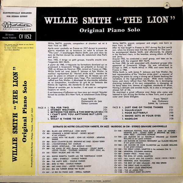 Willie "The Lion" Smith : Original Piano Solo (LP, Album)