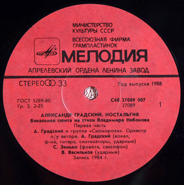 Александр Градский : Ностальгия (LP, Album, Lam)