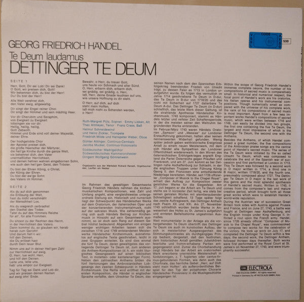 Georg Friedrich Händel - Emmy Lisken, Ruth-Margret Pütz, Theo Altmeyer, Franz Crass, Der Süddeutsche Madrigalchor, Südwestdeutsches Kammerorchester, Wolfgang Gönnenwein : Dettinger Te Deum (LP, Album)