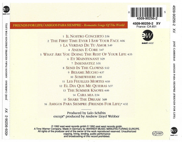 José Carreras : Amigos Para Siempre/Friends For Life - Romantic Songs Of The World (CD, Album, RE)