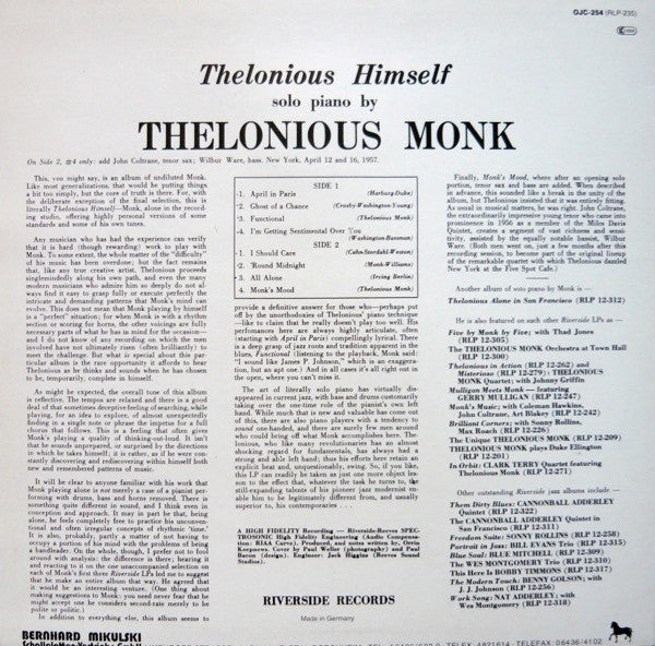 Thelonious Monk : Thelonious Himself (LP, Album, RE)