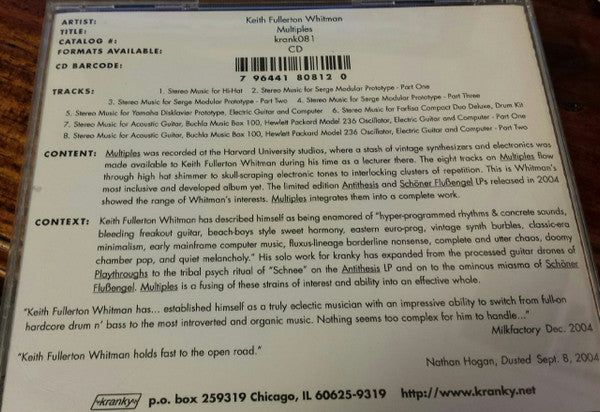 Keith Fullerton Whitman : Multiples (CD, Promo)