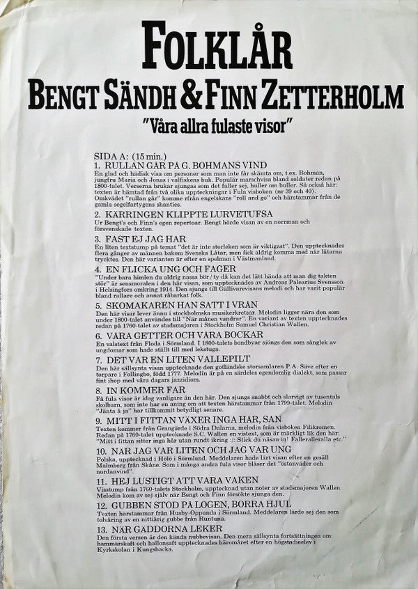 Bengt Sändh & Finn Zetterholm : Folklår "Våra Allra Fulaste Visor" (LP, Album)