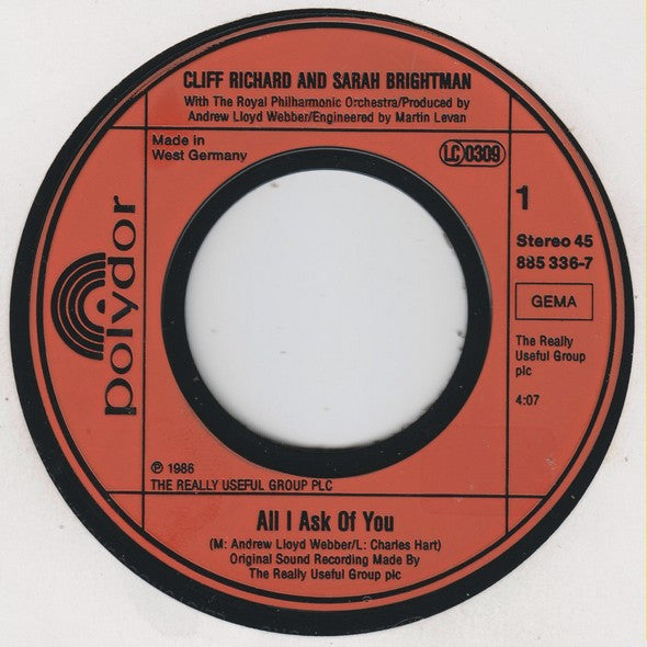 Cliff Richard, Sarah Brightman, Andrew Lloyd Webber : All I Ask Of You (7", Single)
