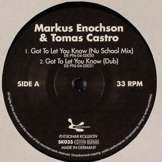 Markus Enochson and Tomas Castro : Got To Let You Know (12")