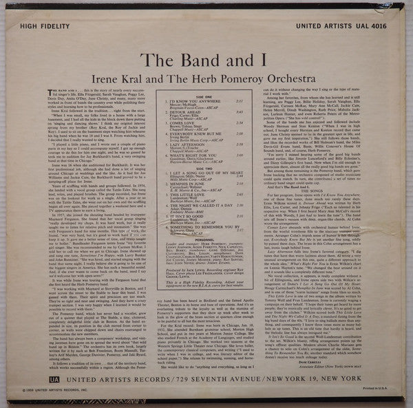 Irene Kral, Herb Pomeroy : The Band And I (LP, Mono)