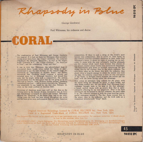 Paul Whiteman And His Orchestra, Earl Wild : Rhapsody In Blue (7", EP)