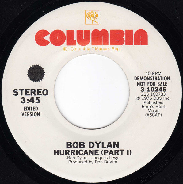 Bob Dylan : Hurricane (Part I) / Hurricane (Part I) (7", Mono, Promo)