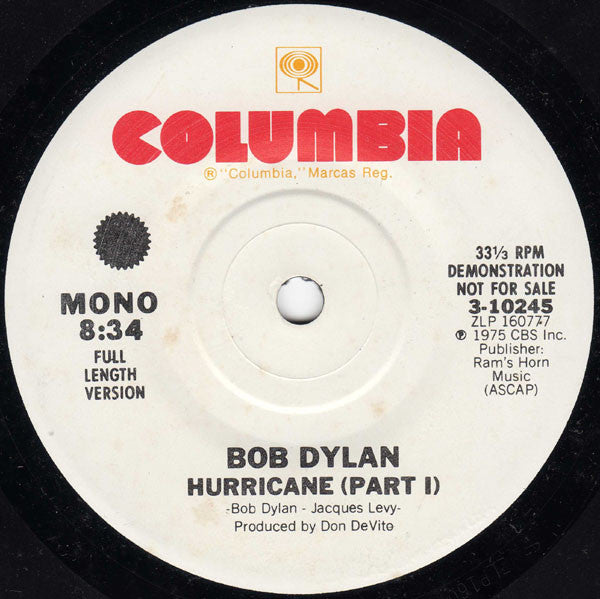 Bob Dylan : Hurricane (Part I) / Hurricane (Part II) (7", Mono, Promo)