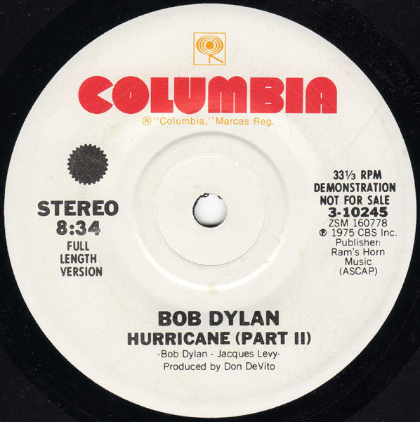 Bob Dylan : Hurricane (Part I) / Hurricane (Part II) (7", Mono, Promo)