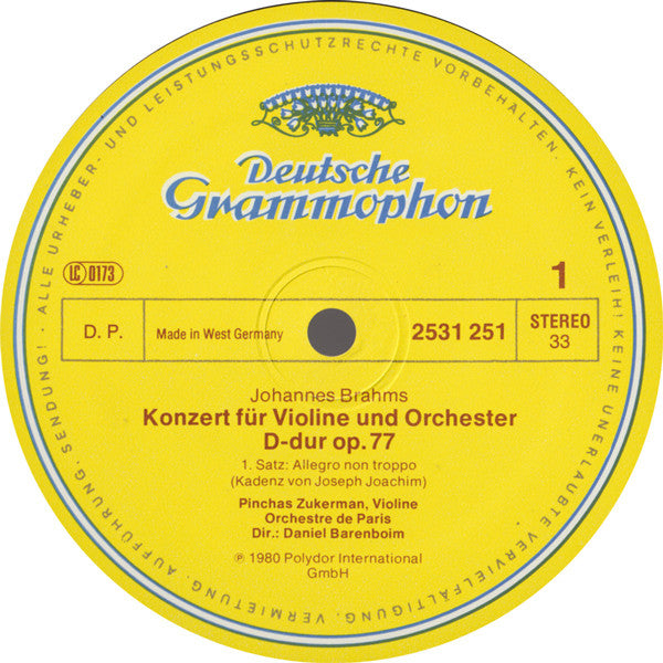 Johannes Brahms - Pinchas Zukerman · Orchestre De Paris · Daniel Barenboim : Violinkonzert · Violin Concerto (LP)