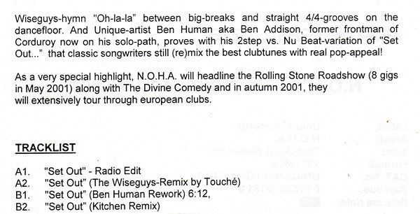 N.O.H.A. : Set Out & Foll-oll-ow Me (12", Promo, W/Lbl)