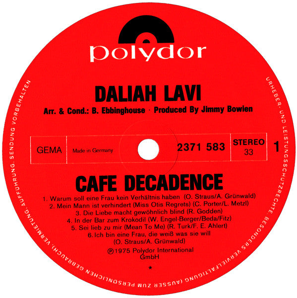 Daliah Lavi : Cafe Decadence (LP, Album, Gat)