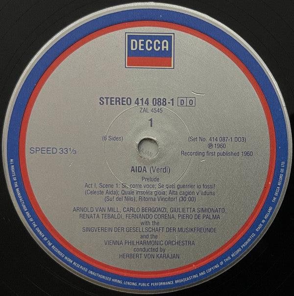 Giuseppe Verdi, Renata Tebaldi, Giulietta Simionato, Carlo Bergonzi, Cornell MacNeil, Wiener Singverein, Wiener Philharmoniker, Herbert von Karajan : Aida (3xLP, RE + Box)
