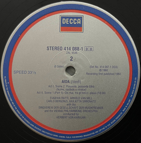 Giuseppe Verdi, Renata Tebaldi, Giulietta Simionato, Carlo Bergonzi, Cornell MacNeil, Wiener Singverein, Wiener Philharmoniker, Herbert von Karajan : Aida (3xLP, RE + Box)