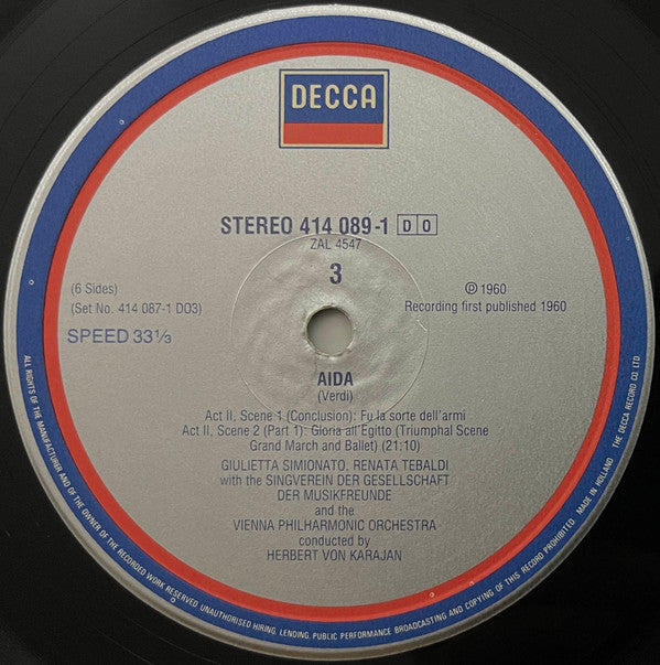 Giuseppe Verdi, Renata Tebaldi, Giulietta Simionato, Carlo Bergonzi, Cornell MacNeil, Wiener Singverein, Wiener Philharmoniker, Herbert von Karajan : Aida (3xLP, RE + Box)