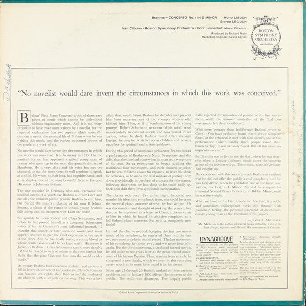 Johannes Brahms / Van Cliburn, Boston Symphony Orchestra, Erich Leinsdorf : Concerto No. 1 (LP, Roc)