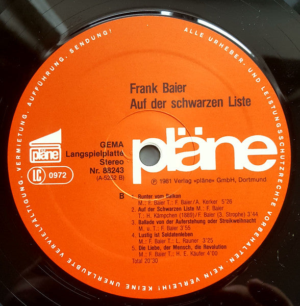Frank Baier (2) : Auf Der Schwarzen Liste (LP, Album)