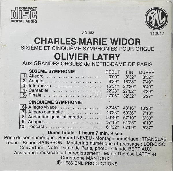 Charles-Marie Widor / Olivier Latry : 6ème Et 5ème Symphonies Pour Orgue (Aux Grandes Orgues De Notre-Dame De Paris) (CD, Album)