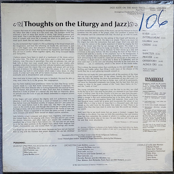 Paul Horn : Jazz Suite On The Mass Texts (LP, Album, Mono, Ind)