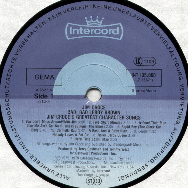 Jim Croce : Bad, Bad Leroy Brown / Jim Croce's Greatest Character Songs (LP, Comp)