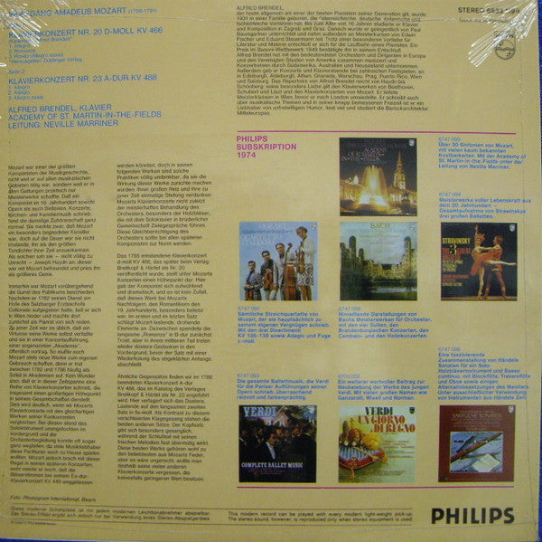 Wolfgang Amadeus Mozart - Alfred Brendel - The Academy Of St. Martin-in-the-Fields - Sir Neville Marriner : Klavierkonzerte Nr. 20 D-moll KV 466 / Nr. 23 A-dur KV 488 (LP, Comp)