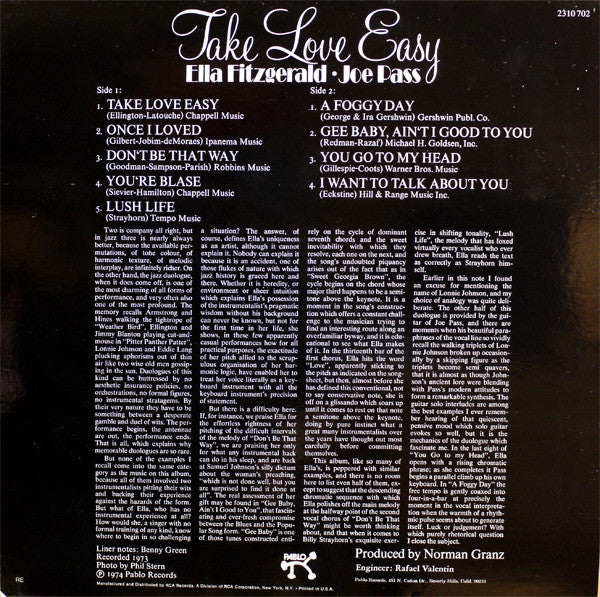 Ella Fitzgerald & Joe Pass : Take Love Easy (LP, Album)