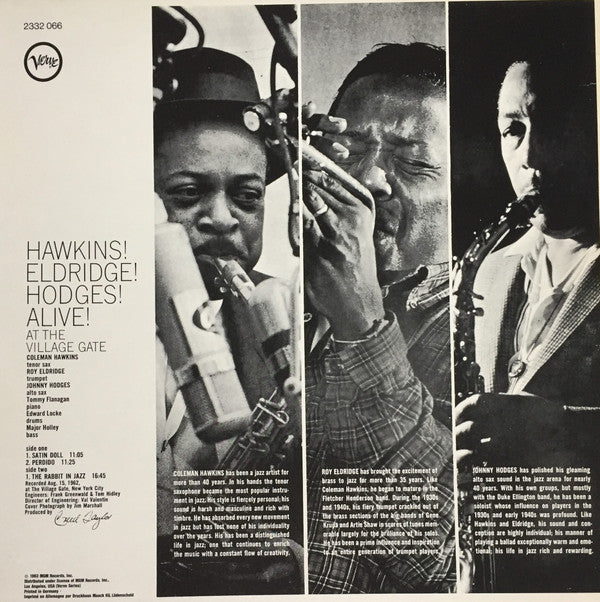 Coleman Hawkins, Roy Eldridge, Johnny Hodges : Hawkins! Eldridge! Hodges! Alive! At The Village Gate! (LP, Album, RE)