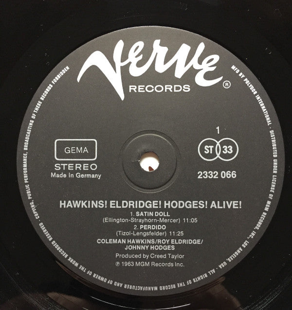 Coleman Hawkins, Roy Eldridge, Johnny Hodges : Hawkins! Eldridge! Hodges! Alive! At The Village Gate! (LP, Album, RE)