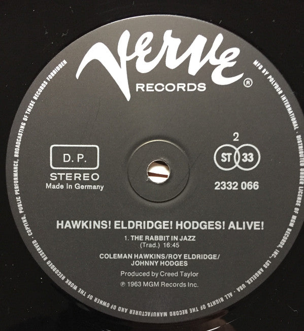 Coleman Hawkins, Roy Eldridge, Johnny Hodges : Hawkins! Eldridge! Hodges! Alive! At The Village Gate! (LP, Album, RE)