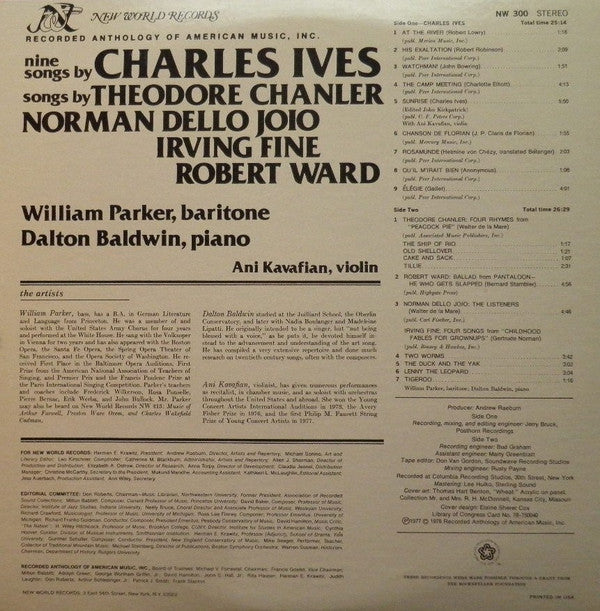 William Parker (3) • Dalton Baldwin • Annie Kavafian : Nine Songs By Charles Ives / Songs By Theodore Chanler, Norman Dello Joio, Irving Fine, Robert Ward (LP)