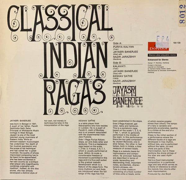 Jayasri Banerjee : Classical Indian Ragas (LP, Album)