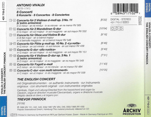 Antonio Vivaldi / The English Concert, Trevor Pinnock : 8 Concerti (CD, Comp)