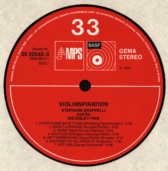 Stéphane Grappelli & Diz Disley Trio : Violinspiration (LP, Album)