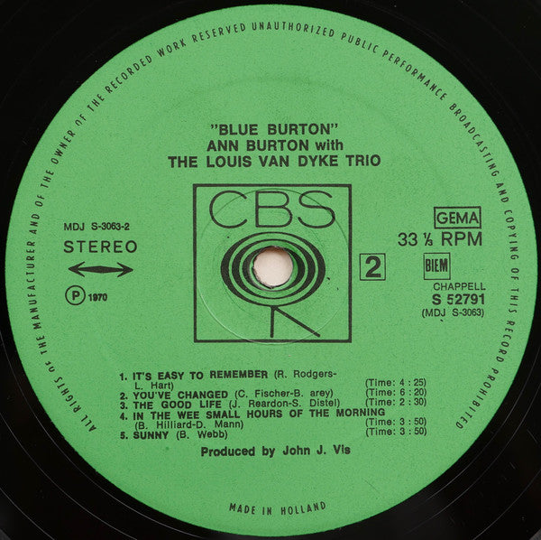 Ann Burton With Louis Van Dyke Trio : Blue Burton (LP, Album, RE)