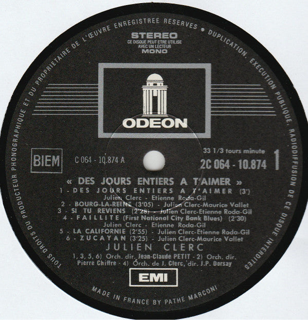 Julien Clerc : Des Jours Entiers A T'aimer (LP, Album, Gat)