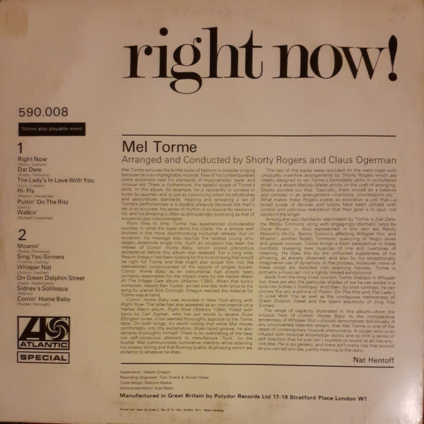 Mel Tormé : Right Now! (LP, Album, RE)