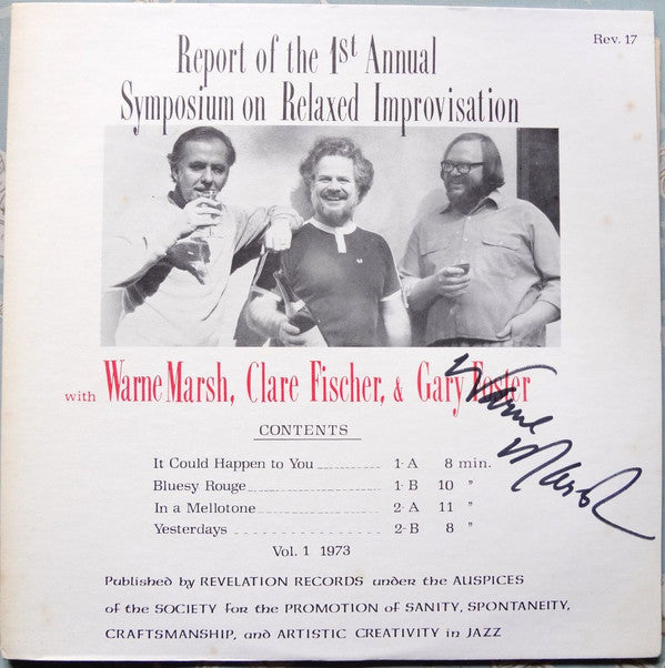 Warne Marsh / Clare Fischer / Gary Foster : Report Of The 1st Annual Symposium On Relaxed Improvisation (LP, Album)