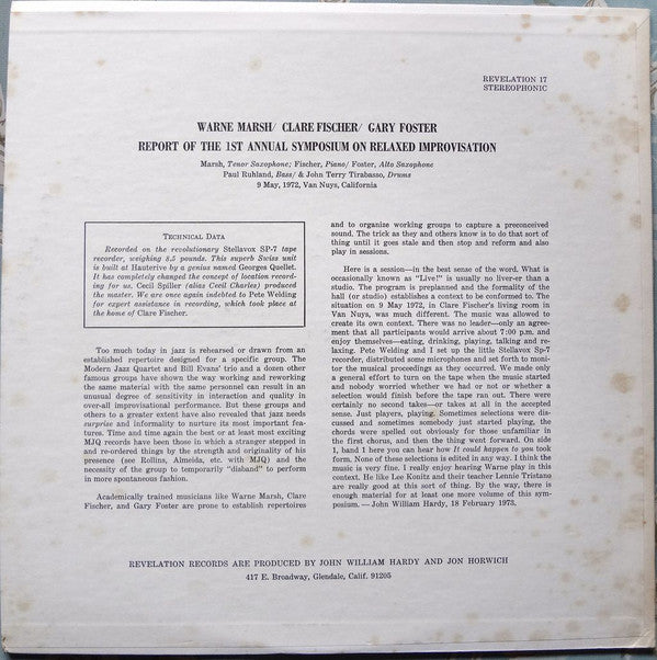 Warne Marsh / Clare Fischer / Gary Foster : Report Of The 1st Annual Symposium On Relaxed Improvisation (LP, Album)