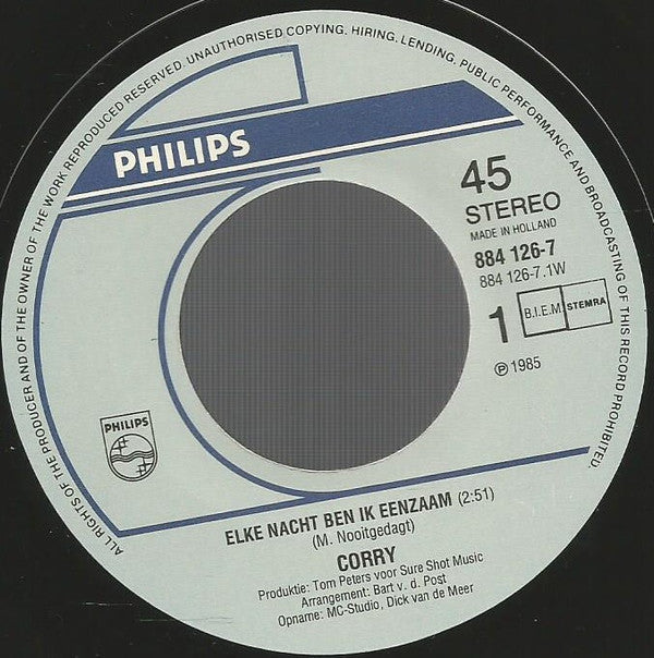 Corry Konings : Elke Nacht Ben Ik Eenzaam (7", Single)