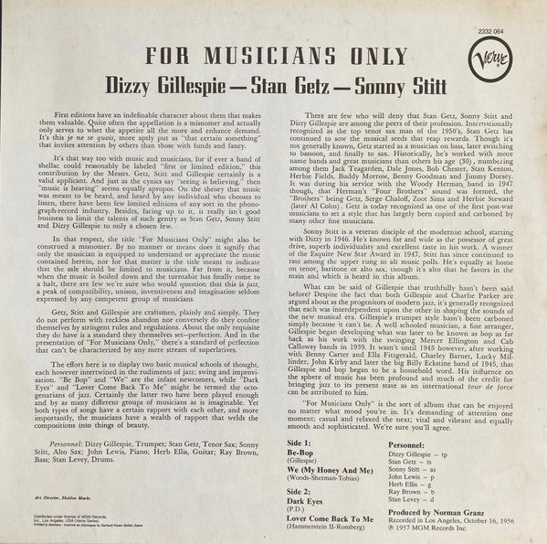 Stan Getz / Dizzy Gillespie / Sonny Stitt : For Musicians Only (LP, Album, RE)