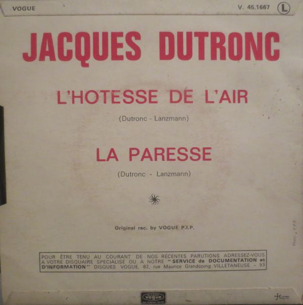 Jacques Dutronc : L'hotesse De L'air  (7", Single)