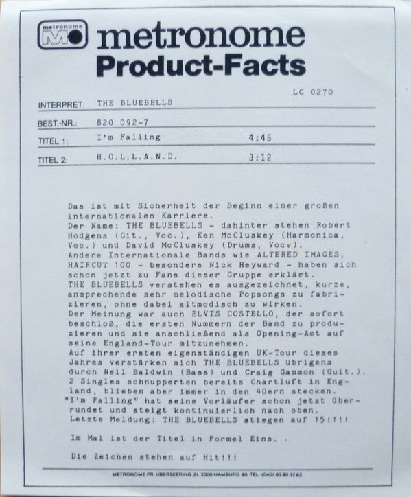 The Bluebells : I'm Falling (7", Single)