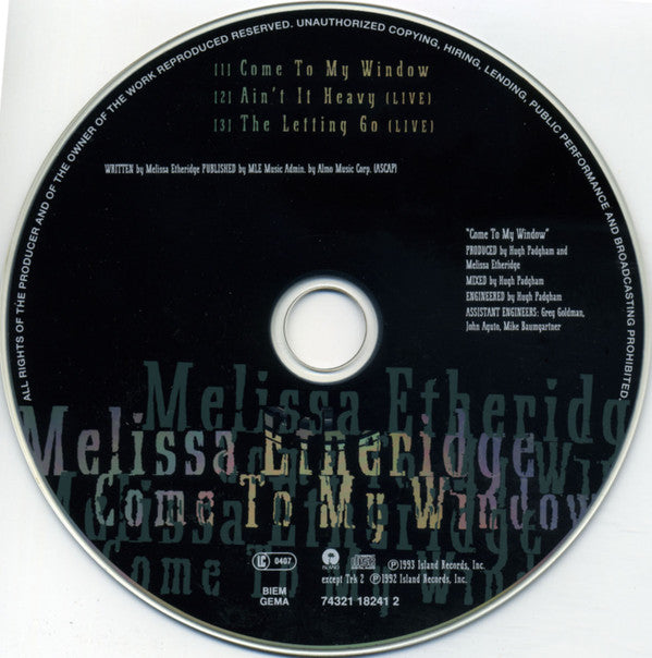 Melissa Etheridge : Come To My Window (CD, Single)