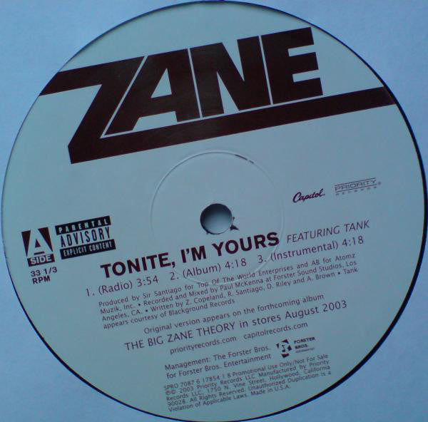 Lil' Zane : Tonite I'm Yours (12", Single, Promo)