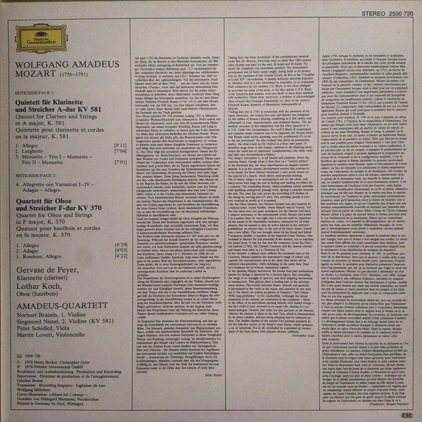Wolfgang Amadeus Mozart - Gervase De Peyer, Lothar Koch, Amadeus-Quartett : Quintett Für Klarinette Und Streicher A-Dur KV 581 - Quartett Für Oboe Und Streicher F-Dur KV 370 (LP, Album)